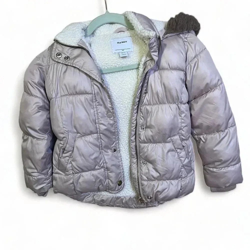 Old Navy Girls Sherpa Lined Pink Hooded Puffer Jacket Sz S (6-7) Faux Fur Snow